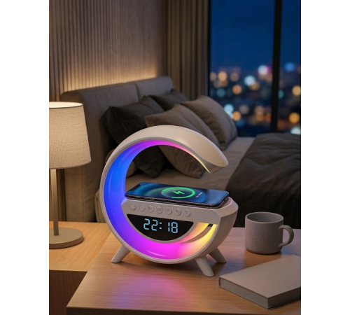 Kablosuz Şarjlı LED Işıklı Masa Saati Bluetooth Hoparlör Alarm Fonksiyonlu