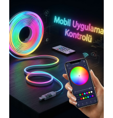 Akıllı RGB LED Neon Şerit Işık 3M USB Bağlantılı Uzaktan Kumanda ve Mobil Uygulama Kontrolü