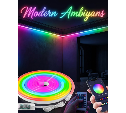 Dekoratif RGB LED Şerit Neon Işık 3 Metre Su Geçirmez Uzaktan Kumandalı Ortam Aydınlatması