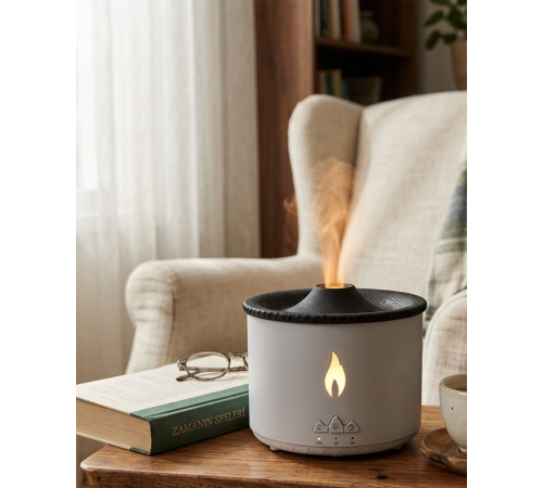 LED Alev Efektli Aroma Difüzörü Ultrasonik Hava Nemlendirici Gece Lambası Fonksiyonlu