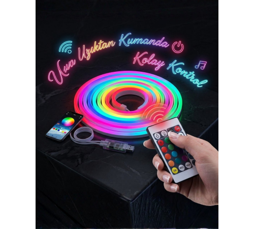 3 Metre RGB Akıllı Neon LED Şerit Işık Telefon ve Kumanda Kontrollü Ambiyans Aydınlatma
