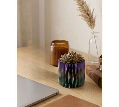Modern Dalgalı Yüzey Tasarımlı Mor 3D Dekoratif Saksı Vazo