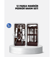 Özel Deri Çantalı 12 Parça Manikür Pedikür Bakım Seti Paslanmaz Çelik