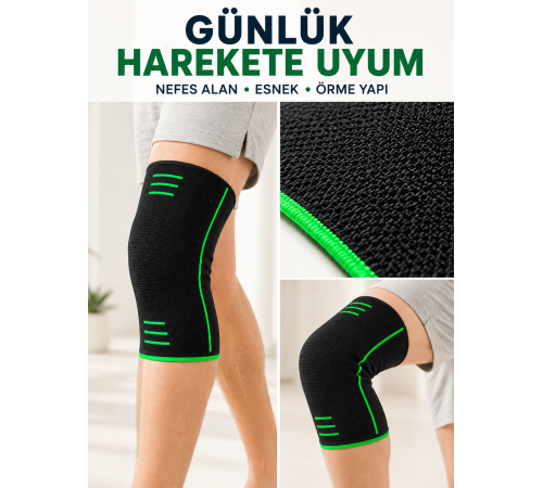 Siyah Yeşil Örme Dizlik Esnek ve Nefes Alabilen Spor Diz Desteği