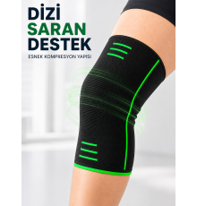 Siyah Yeşil Diz Desteği Esnek Örme Kumaşlı Spor Dizlik