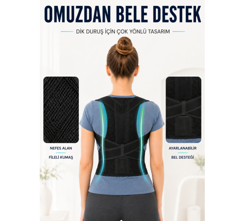 Dik Duruş Korsesi Fileli Sırt ve Bel Destekli Ayarlanabilir Omuz Destek Korsesi