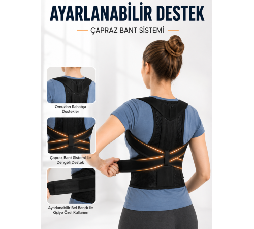 Sırt ve Bel Destekli Dik Duruş Korsesi Ayarlanabilir Çapraz Bantlı Fileli Tasarım