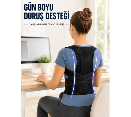 Dik Durmaya Yardımcı Sırt Korsesi Nefes Alan Fileli Ayarlanabilir Bel ve Omuz Desteği