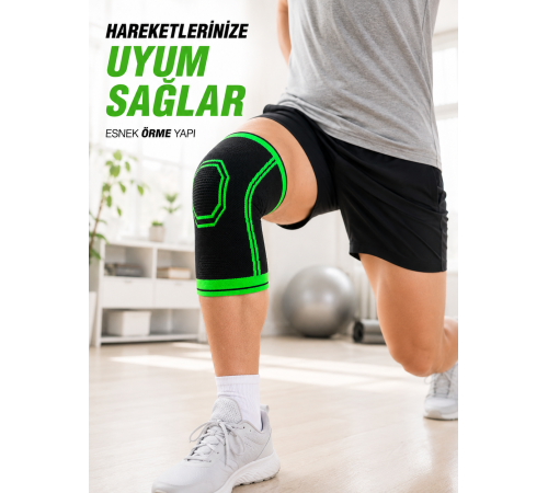 Nefes Alabilen Örme Sporcu Dizliği Esnek Yapılı Diz Destekleyici Siyah Yeşil