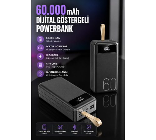 Powerbank 60.000 Mah Hızlı Şarj 4 Çıkışlı Uzun Şarj Süreli Dijital Göstergeli