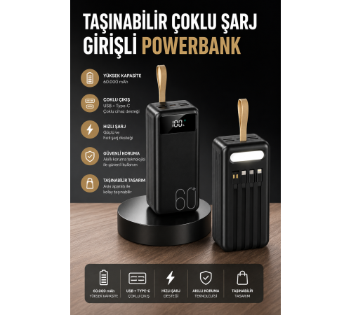 Powerbank 60.000 MAH 4 Portlu Uzun Şarj Süreli Dijital Göstergeli