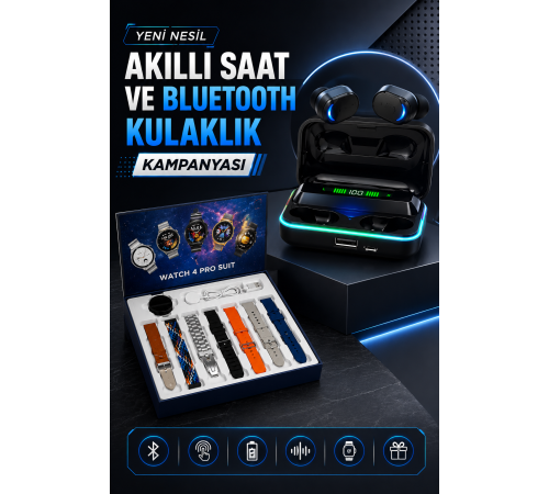 Powerbank Bluetooth Kulaklık Ve Akıllı Saat 7 Kordonlu Metal Kordon Plastik Kordon