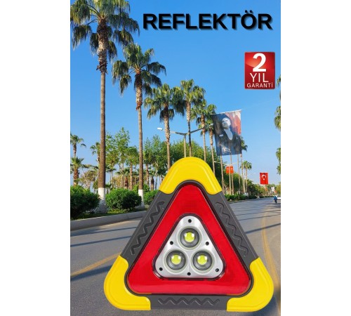 Reflektör Güneş Panelli Solarlı Şarjlı Üçgen Işıklı Trafik Reflektör Fener