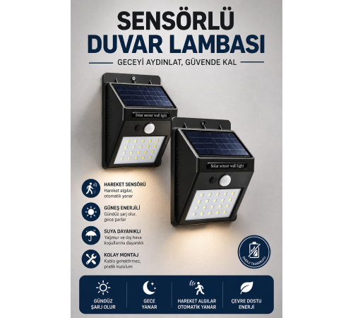 Solar Sensörlü Duvar Lambası Bahçe Lamba 20 Led Işık