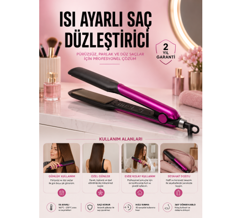 Saç Düzleştirici Isı Ayarlı Seramik Kaplama Döner Kablo Yıpranma Karşıtı