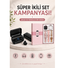 Wireless Şarjlı Pembe Akıllı Saat ve Kablosuz Bluetooth Kulaklık Dokunmatik Kontrol