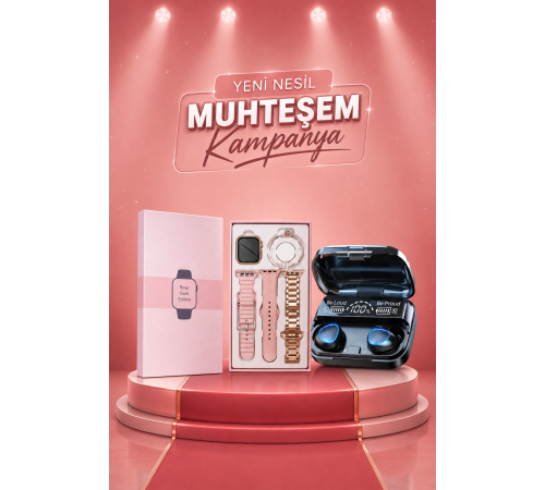Aksesuar Hediyeli Akıllı Saat ve Dijital Göstergeli Powerbankli Bluetooth Kulaklık
