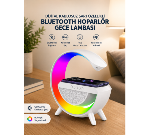 Google Dijital Kablosuz Şarj Özellikli Bluetooth Hoparlör Gece Lambası