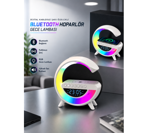 Bluetooth Hoparlör 15W Kablosuz Hızlı Şarj LED Gece Lambası