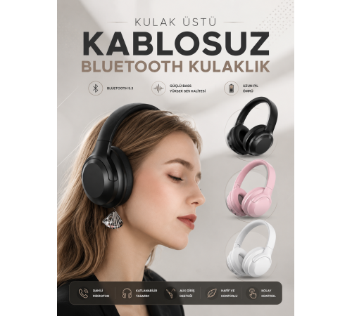 Kablosuz Bluetooth Kulaklık ANC/ENC Destekli Kulak Üstü Yüksek Ses Kaliteli