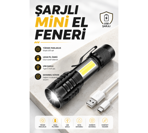 El Feneri Led USB Şarjlı Zoom Mini Led Işık Acil Durum Feneri