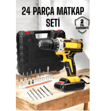 Çift Bataryalı Metal Dişli Darbeli Şarjlı Matkap Seti 24W Güç ve 24 Parça Aksesuar