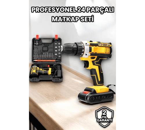Metal Dişli 24W Akülü Matkap -Çift Bataryalı ve LED Çalışma Işığı ile Tam Set
