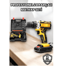 Metal Dişli 24W Akülü Matkap -Çift Bataryalı ve LED Çalışma Işığı ile Tam Set