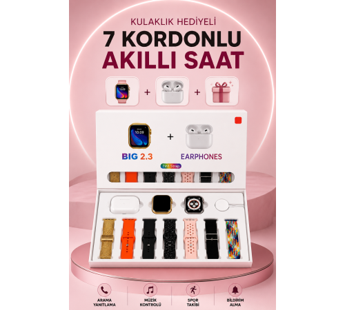 Akıllı Saat Bluetooth Kulaklık Hediyeli Bildirim Görme Sesli Görüşme Çoklu Kordon