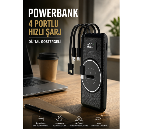Hızlı Şarj Dijital Göstergeli Powerbankli Çoklu Şarj Özelliği
