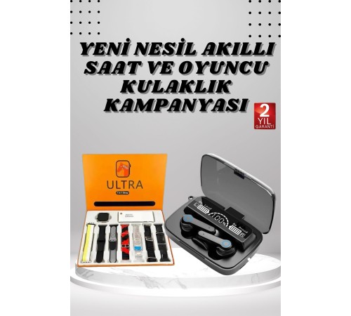 Dijital Göstergeli Powerbank Kulaklık ve 7 Kordonlu Yeni Nesil Akıllı Saat Amoled Ekran