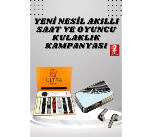 Aynalı Bluetooth Kulaklık ve 7 Kordonlu Akıllı Saat Dijital Göstergeli Uzun Pil Ömrü