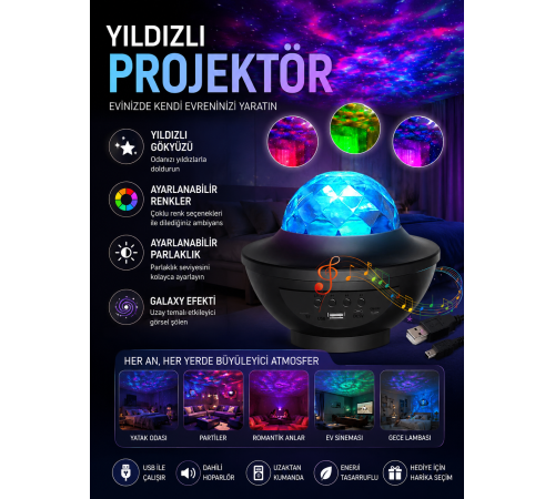 Galaxy Efektli LED Gece Lambası Projektörü Bluetooth Bağlantılı