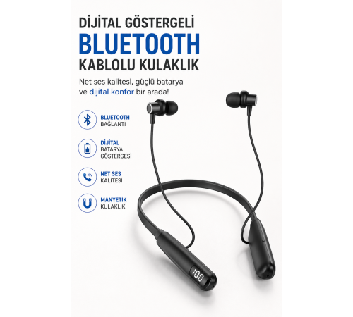 Dijital Batarya Göstergeli Bluetooth Özellikli Boyun Askılı Kulaklık