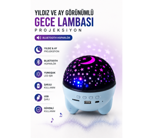 Gökyüzü Temalı Bluetooth Ve Hoparlörlü Şarjlı Çocuk Gece Lambası