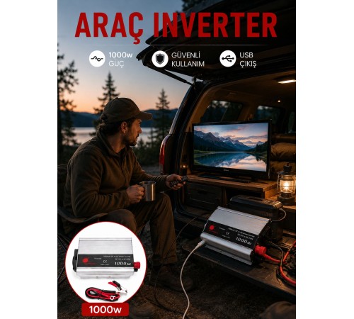 1000W Araç İnverter Aküden Elektrik Üreten Taşınabilir Güç Dönüştürücü