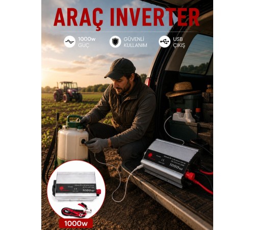 1000W Güç İnverteri Araç Aküsünden Priz Çıkışı Sağlayan Çevirici