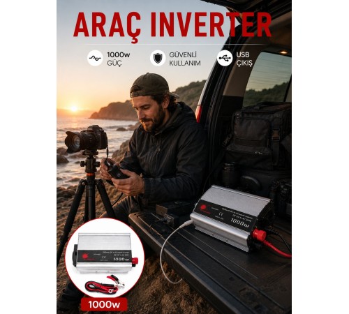 Araç Aküsünden Güvenli Elektrik Sağlayan 1000 Watt İnverter
