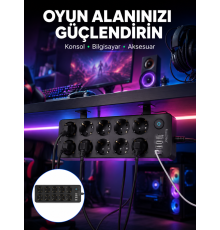 USB ve Type-C Çıkışlı 10'lu Akım Korumalı Çoklu Priz Güç Dağıtıcı