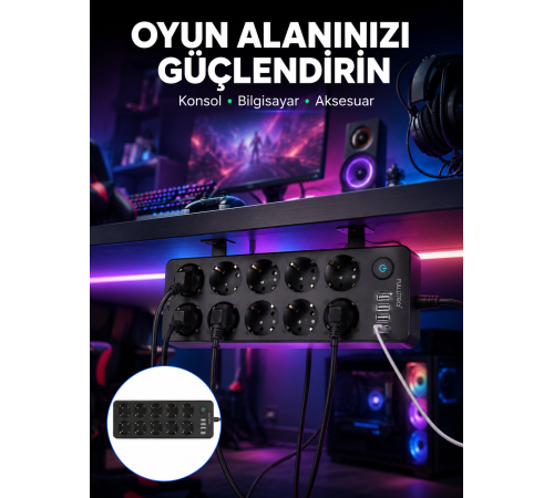 USB ve Type-C Çıkışlı 10'lu Akım Korumalı Çoklu Priz Güç Dağıtıcı