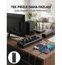 10 Prizli USB Destekli Çoklu Priz Type-C Şarj Girişli Güvenli Güç Ünitesi