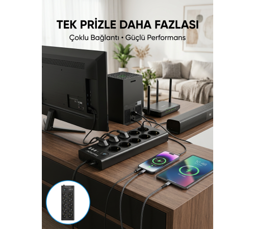 10 Prizli USB Destekli Çoklu Priz Type-C Şarj Girişli Güvenli Güç Ünitesi