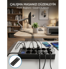 Akım Korumalı 10'lu Çoklu Priz USB-A ve Type-C Şarj Çıkışlı