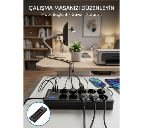 Akım Korumalı 10'lu Çoklu Priz USB-A ve Type-C Şarj Çıkışlı