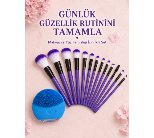 12 Parça Makyaj Fırçası ve Silikon Yüz Temizleyici Cihaz İkili Güzellik ve Kişisel Bakım Seti