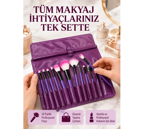 Yumuşak Fiber Kıllardan Oluşan 12'li Makyaj Fırçası Seti Göz Farı Allık ve Kontür İçin