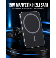 15W Manyetik Araç İçi Kablosuz Şarj Cihazı MagSafe Uyumlu Telefon Tutucu