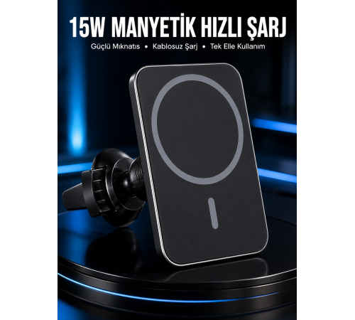 15W Manyetik Araç İçi Kablosuz Şarj Cihazı MagSafe Uyumlu Telefon Tutucu