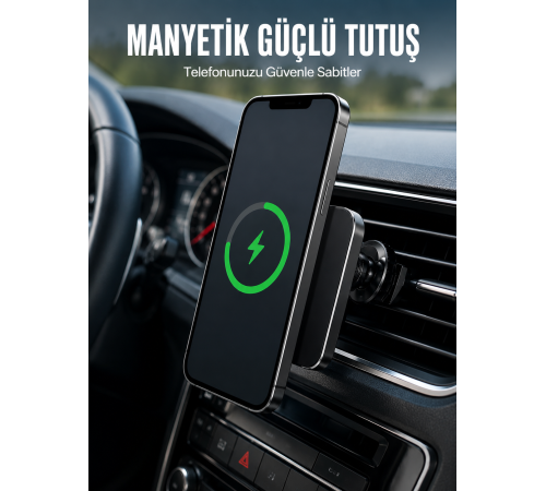 15W Hızlı Şarj Destekli Manyetik Araç Telefon Tutucu Kablosuz Araç Şarj Standı