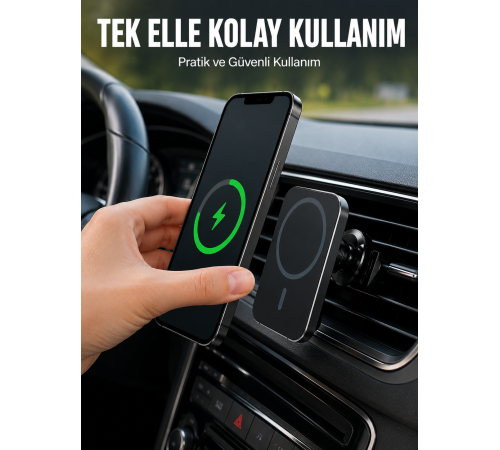 Araç İçi Manyetik Telefon Tutucu ve 15W Kablosuz Hızlı Şarj Cihazı